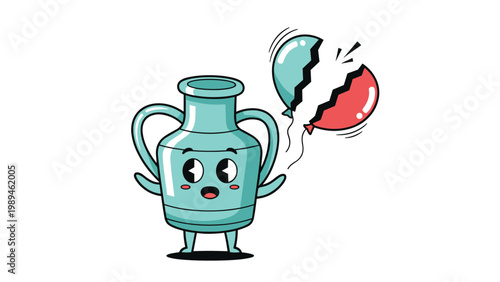 Cute anthropomorphic teal jug character looking shocked as a red and blue balloon pops behind it in a funny scene.