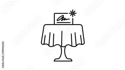 Simple table covered with a white tablecloth holding a signed document under a bright shining star icon on white.