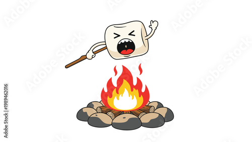 Angry screaming marshmallow character being roasted on a stick over a campfire in a humorous cartoon illustration.