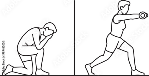 Athlete demonstrates two distinct physical movements including a kneeling stretch and a standing lateral raise with a dumbbell to illustrate proper exercise form for fitness training and health.