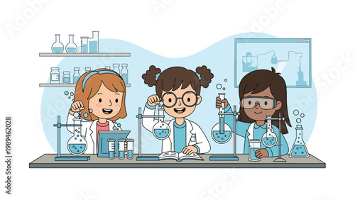 Three young girls wearing lab coats and goggles performing experiments with beakers and chemicals in a school laboratory.
