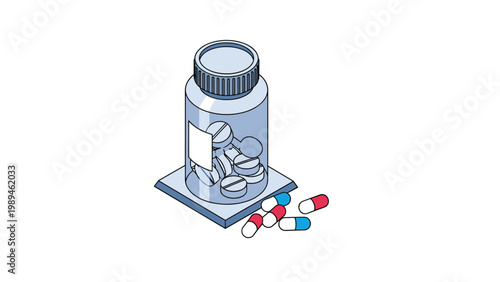 Clear glass medicine bottle containing white tablets with several colorful capsules scattered on the surface below.