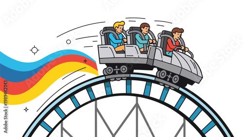 Excited people riding a fast roller coaster on a blue track with a vibrant colorful rainbow trail behind them in an amusement park.