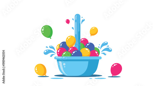 Playful illustration of a large blue bowl filled with bright colorful balloons and refreshing water splashes on a white background.