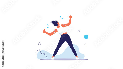 Active woman seen from behind performing stretching exercises or aerobics while sweating during an intense fitness workout session.