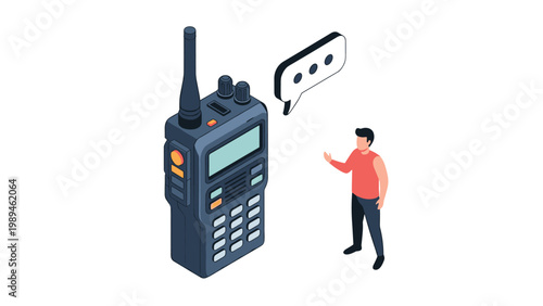 Isometric illustration of a large portable walkie-talkie radio with a man standing next to a speech bubble icon for communication.
