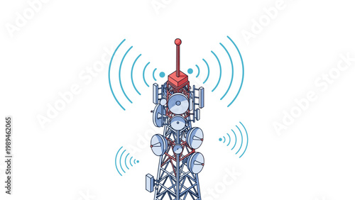 Isometric telecommunications tower illustration transmitting wireless signals and radio waves into the surrounding environment.