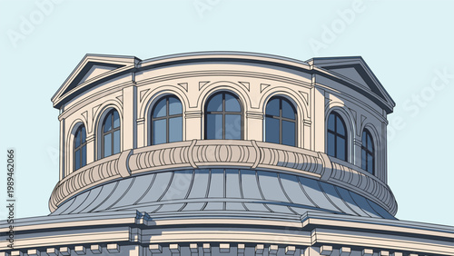 Detailed architectural illustration of the upper portion of a classical dome structure featuring elegant arched windows and stonework.