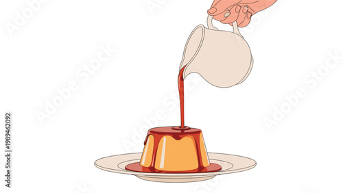 Delicious illustration of a hand pouring rich liquid caramel sauce from a jug over a golden custard pudding dessert on a plate.