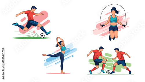 Dynamic set of athletic illustrations showcasing various sports activities including soccer, jump rope skipping, and artistic gymnastics.