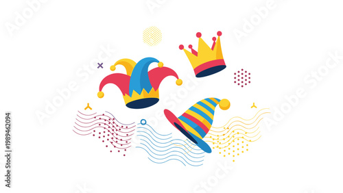 Dynamic festive illustration featuring colorful jester hats, party crowns, and abstract decorative wave patterns for celebration events.