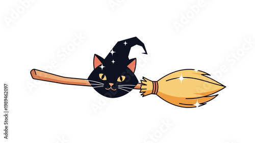 Whimsical halloween illustration featuring a black cat wearing a wizard hat and flying through the air on a magical wooden broomstick.
