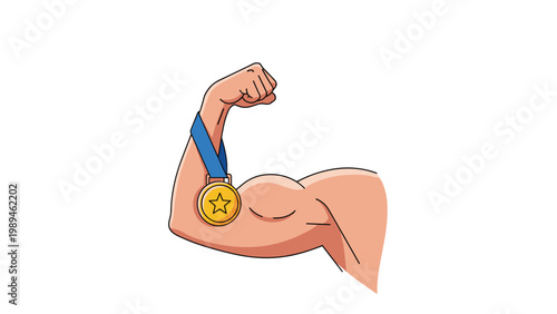 Powerful muscular arm flexes its bicep while wearing a gold medal with a star, symbolizing strength, fitness, and victory.