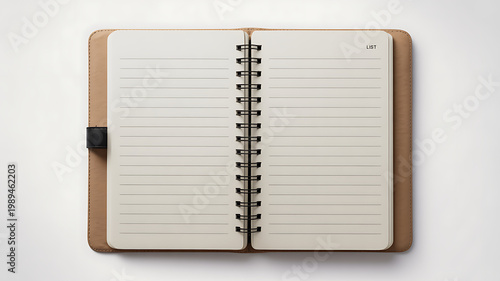 isolated open blank lined notebook, spiral bound, white background 