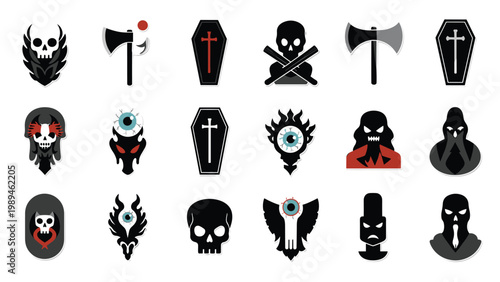 Assortment of dark gothic and horror themed icons including skulls, coffins, axes, and hooded figures in a minimal aesthetic.