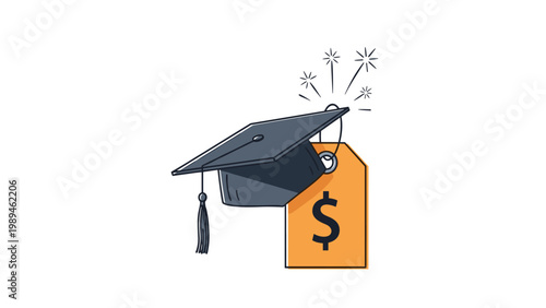 Graduation mortarboard cap rests on top of a price tag with a dollar symbol, symbolizing the high cost of higher education.