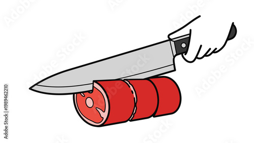 Chef hand uses a sharp steel kitchen knife to slice a fresh cylinder of red meat into even pieces on a white background.