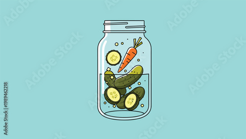 Clear glass jar contains pickled cucumbers and a carrot submerged in brine, shown against a light turquoise background.