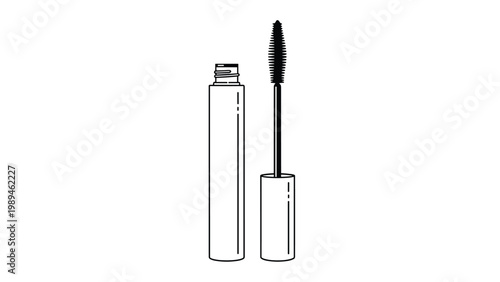 Simple black and white line drawing of a cosmetic mascara tube and its application brush standing against a white background.