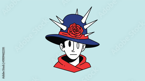 Person wears a unique blue hat adorned with sharp white spikes and a large red rose, looking forward with a neutral expression.
