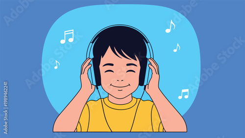 Happy boy wears large headphones and smiles broadly while listening to music with musical notes on a bright blue background.