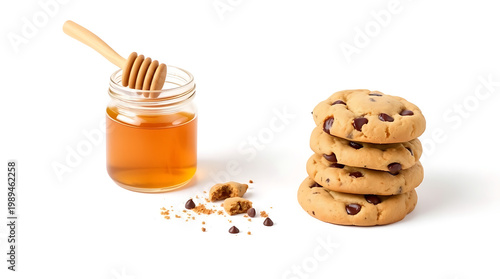A delicious glass of milk serves as the perfect companion to organic chocolate chip cookies and sweet golden honey drizzled from a jar for a tasty breakfast