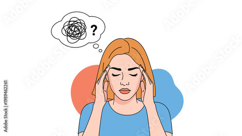 Stressed woman holds her head with eyes closed while a thought bubble with scribbles and a question mark floats above.