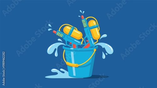 Collection of colorful blue and yellow toy water guns splashing water inside a bucket against a solid dark blue background.