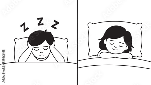 Characters express different states of sleeping quality with one person struggling with insomnia and another person sleeping peacefully in a simple black and white line art graphic composition.