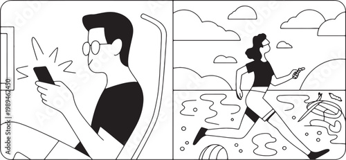 People illustrate daily life routines through digital screen usage while sitting and outdoor jogging activities in a minimalist black and white line art style that captures modern lifestyle habits.