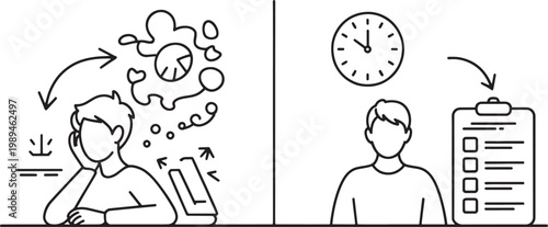 Employee experiences a moment of mental distraction while working at a desk before transitioning to a structured task list under a ticking clock to improve overall focus and daily time management.
