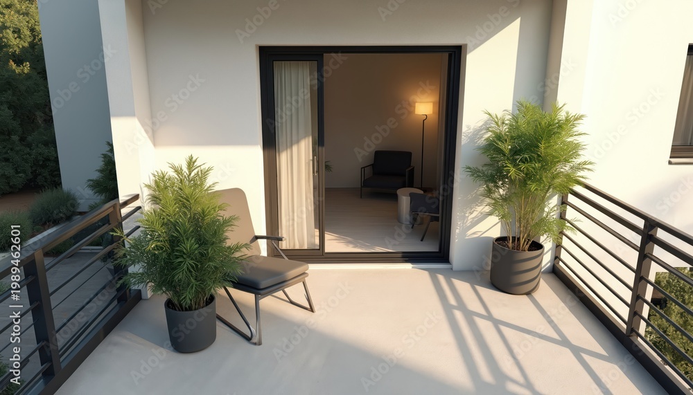 Naklejka premium Modern apartment balcony with minimalist furniture, potted plants. Sunlight casts shadows on floor. Inside, cozy living room visible with chairs, lamp. Outdoor seating area offers urban views,
