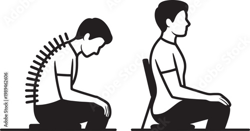 Person demonstrates the physical difference between poor spinal posture while sitting hunched over and the correct ergonomic alignment of the back to prevent chronic pain and discomfort.