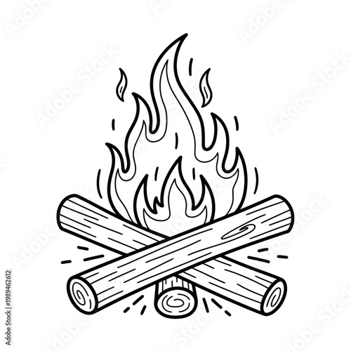 Hand drawn fire illustration rustic logs and flickering flames