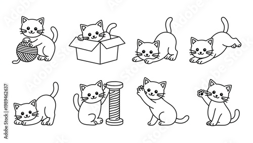 Cute Doodle Cats Line Art Vector Set Playful Kittens with Balls, Boxes, and Funny Poses