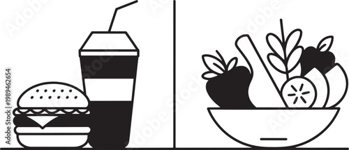 Fast food meal consisting of a burger and soda is contrasted with a healthy bowl of fresh vegetables and fruits in this simple line illustration depicting dietary choices and nutritional balance.