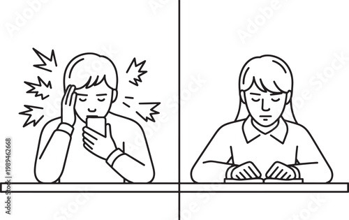 Student suffering from digital distraction and information overload learns to focus better by reading a physical book in this comparative line art illustration showing modern educational habits today.
