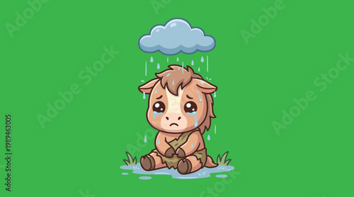 Sad Cartoon Horse Crying Under the Rain