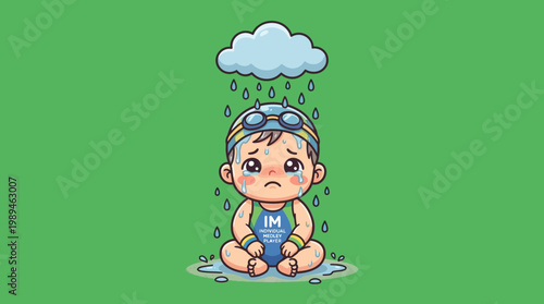 Sad Baby Swimmer Crying Under Rainy Cloud
