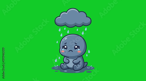 Sad Cartoon Character Crying Under Rain Cloud