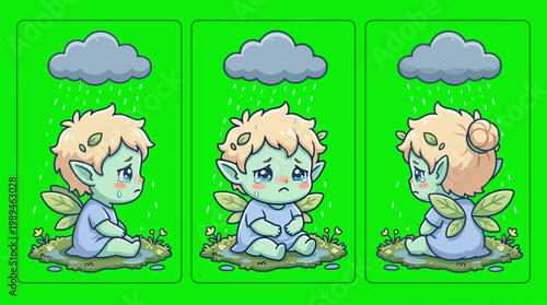 Sad Cartoon Fairies Under Rain Clouds