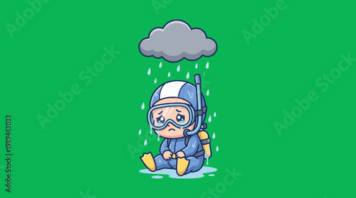 Sad Diver Under Rain Cloud Cartoon