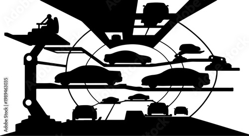 Black silhouette cars, vehicles on road, highway traffic, transportation icons, vector graphics