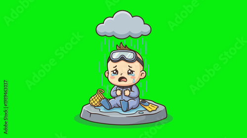 Sad Cartoon Baby with Snorkel and Rain Cloud