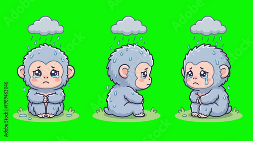 Sad Cartoon Yeti Characters Crying in the Rain