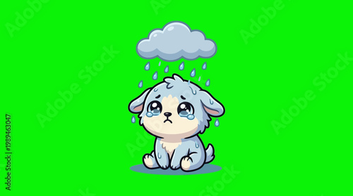 Sad Cartoon Puppy Crying in the Rain