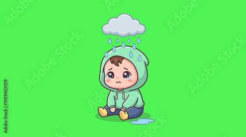 Sad Baby Under Rain Cloud on Green Background