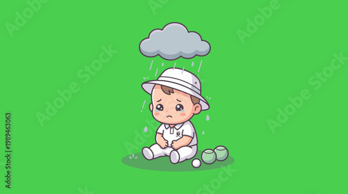 Sad Cricket Player Under Rain Cloud Cartoon