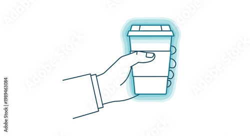 Line drawing of a hand holding a disposable coffee cup with a blue outline on a white background.