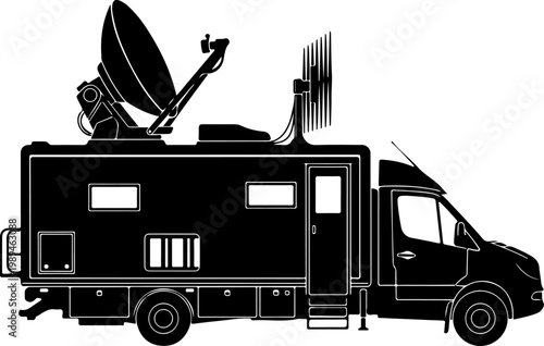 Black motorhome, RV with satellite dish, vector illustration, camping vehicle, recreational transport